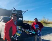 Grand Council Treaty# 3 Youth Coordinator Johnpaul George (L) and Naotkamegwanning Youth Worker Roman Naymaypoke (R) on the event of the skateboard donation to the community.